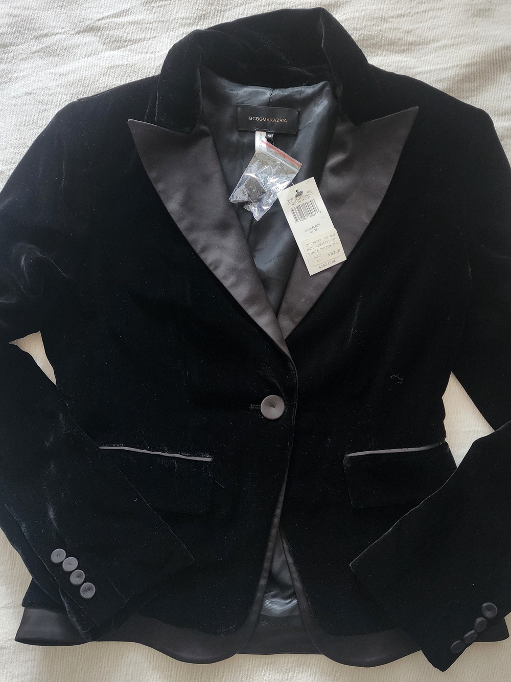 BCBGMAXAZRIA Black Velvet Tuxedo Blazer Satin Lapel NWT XS